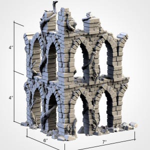 May include: A grey, miniature, ruined stone structure with arched openings and climbing vines. The model is 10 cm tall, 15 cm wide, and 18 cm long. Suitable for tabletop gaming or model building.