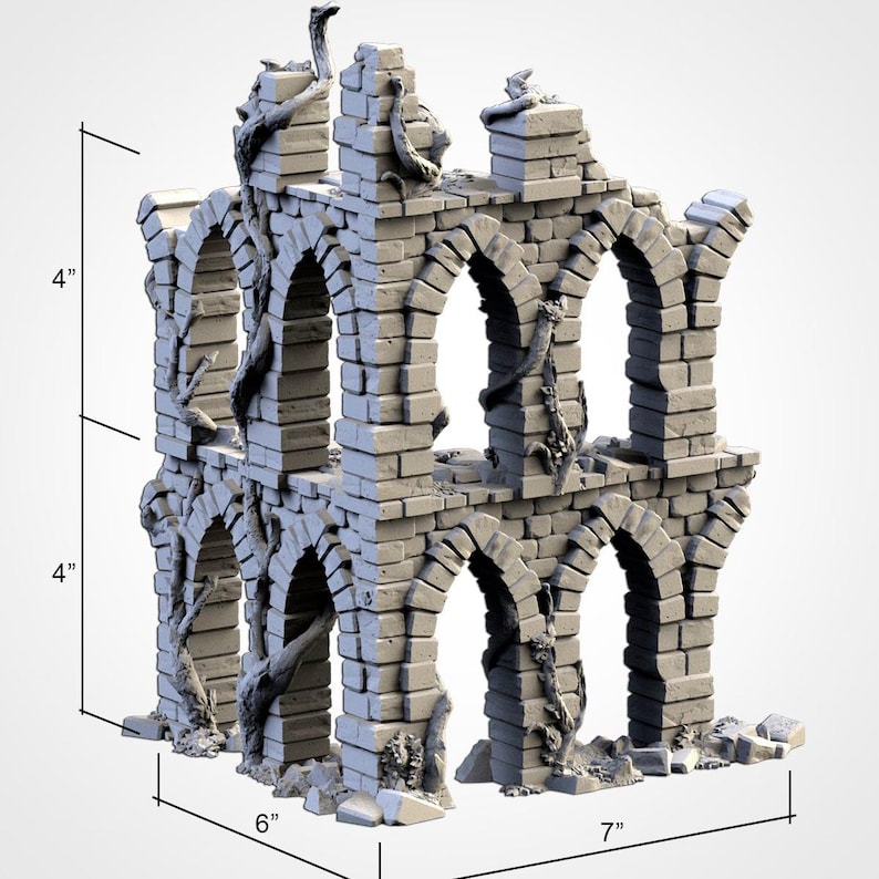 May include: A grey, miniature, ruined stone structure with arched openings and climbing vines. The model is 10 cm tall, 15 cm wide, and 18 cm long. Suitable for tabletop gaming or model building.