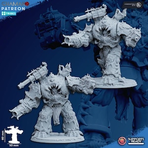 May include: Two gray, detailed miniature figures of a heavily armored warrior with large weapons. The figures are on a base, with one figure measuring approximately 2 inches tall and 2 inches wide. The image includes text that reads "CHAMAKO PATREON TRIBES".