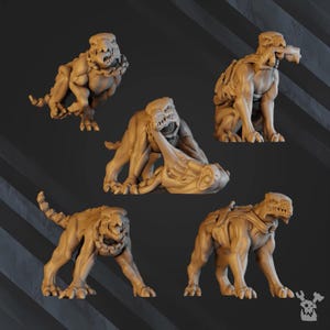 May include: Five beige monster figurines in different poses. One has a chain, another bites a bone. The figures have a detailed, textured appearance, suggesting a fantasy or gaming theme. The figurines are likely made of resin or a similar material.