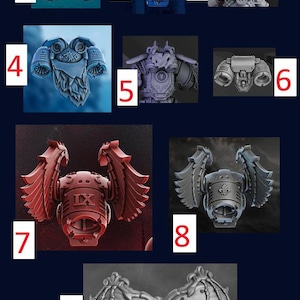 May include: A collection of miniature, detailed, unpainted armor pieces, likely for tabletop gaming or model building. The pieces include various chest plates, backpacks, and winged components in shades of blue, gray, and red. The designs are intricate and futuristic.