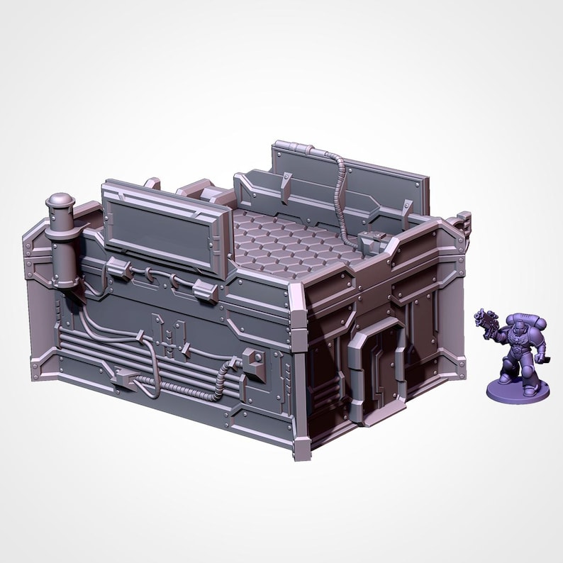 May include: A grey, futuristic building model with detailed panels, vents, and a hexagonal-patterned roof. The model has a layered design with a cylindrical structure on top, suggesting a sci-fi or industrial theme. The overall aesthetic is metallic and angular.