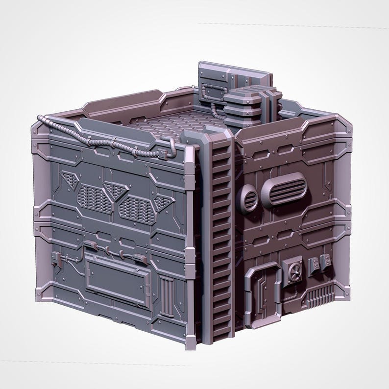 May include: A gray, futuristic-looking cube with detailed panels, vents, and a ladder. The top features a textured surface and additional mechanical components. The design suggests a sci-fi or industrial theme, perfect for tabletop gaming or model enthusiasts.