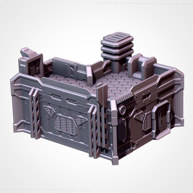 May include: A gray, futuristic-looking building with a detailed, industrial design. The structure features multiple levels, geometric shapes, and ventilation grilles. It has a textured surface and a tower-like element on top, suitable for tabletop gaming or model building.