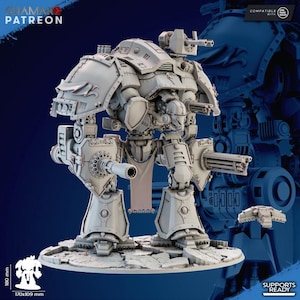 May include: A light grey model of a war machine, featuring multiple cannons and armour plating. The model is 18 cm tall and 17 x 10.9 cm at the base. The image includes the text "CHAMAKO PATREON" and "SUPPORTS READY".