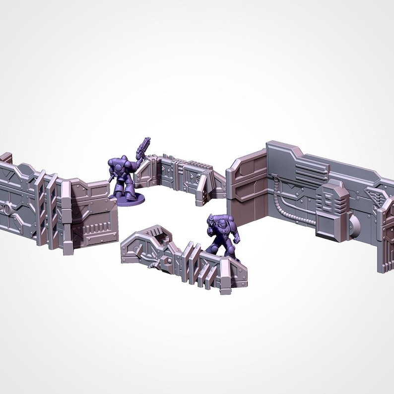 May include: A set of gray and purple miniature sci-fi terrain pieces, including walls and barriers. Two purple figures are positioned within the terrain, suggesting a battle scene. The pieces have detailed mechanical designs.