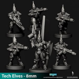 Puede incluir: Una colección de miniaturas grises de Tech Elves de 8 mm. Cada figura posa con un arma, algunas con escudos. Las figuras están sobre bases redondas. El texto "Tech Elves - 8mm" está en la parte inferior.