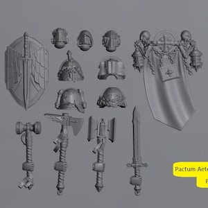 Puede incluir: Una colección de accesorios de juego de guerra de fantasía en miniatura, que incluyen cascos, armas y un escudo. Los artículos son grises y parecen estar hechos de plástico o resina. La imagen incluye un martillo, un hacha, una espada y una capa con calaveras.