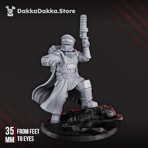 May include: A grey miniature soldier figure in a military uniform, holding a futuristic gun. The figure is standing on a rocky base. The text "35 MM FROM FEET TO EYES" is visible. The DakkaDakka.Store logo is in the upper left corner.