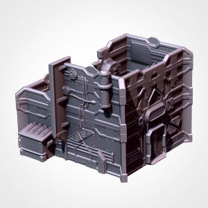 May include: A gray, futuristic-looking building model with detailed paneling, pipes, and industrial elements. The model has a boxy shape with an open top and various geometric shapes and textures. It appears to be a miniature structure for a tabletop game or display.