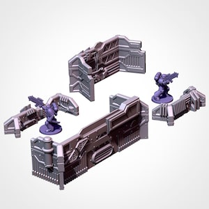 May include: A grey, modular, futuristic structure with detailed panels, rivets, and a hexagonal floor pattern. The design suggests a science fiction or tabletop gaming theme, with an industrial aesthetic.