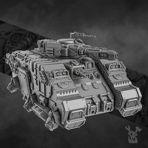 May include: A gray, detailed model of a tank with a large turret and multiple weapon mounts. The tank has a boxy design with visible rivets and panels, suggesting a military or science fiction theme. The image is a studio shot with a dark background.