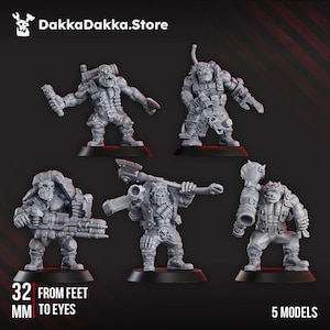 May include: Five gray miniature Ork models are displayed against a dark background. The models are detailed with various weapons and gear. Text on the image reads "DakkaDakka.Store", "32 MM FROM FEET TO EYES", and "5 MODELS".