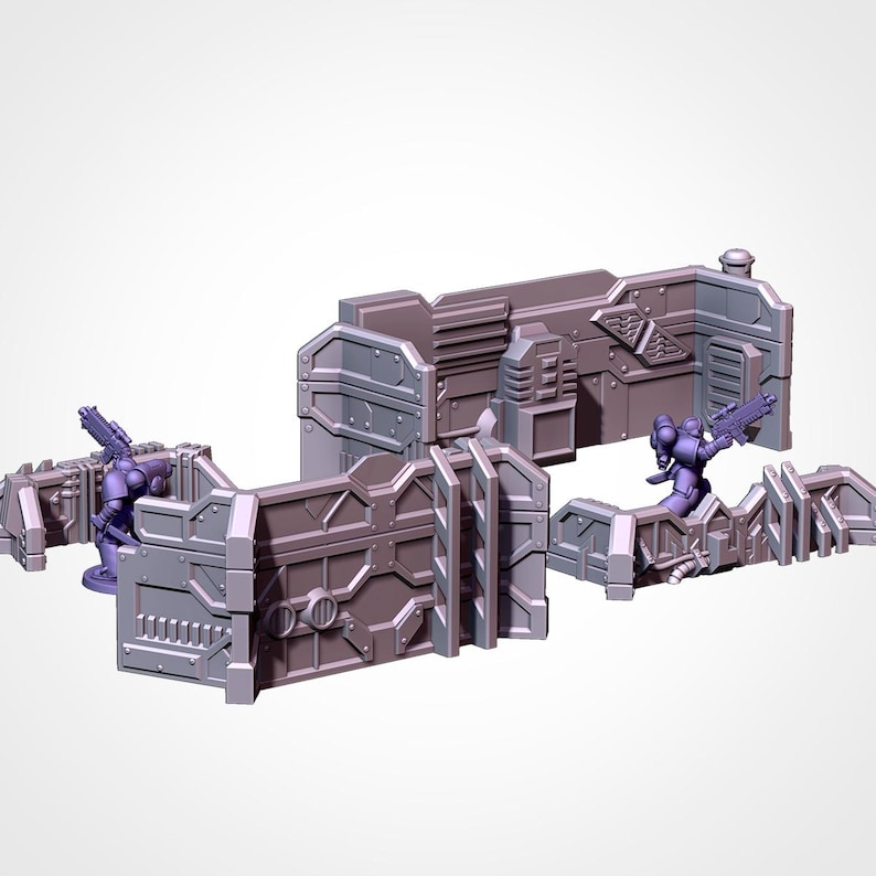 May include: A set of gray miniature sci-fi terrain pieces, including walls and barriers, with a futuristic design. The set includes small figures with weapons, positioned as if in combat. The pieces are designed for tabletop gaming.