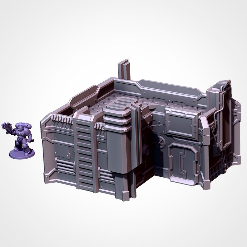 May include: A grey, futuristic cube with detailed panels, vents, and a ladder. The top features a textured surface and additional mechanical components. The design suggests a sci-fi or industrial theme, with intricate detailing and a metallic aesthetic.