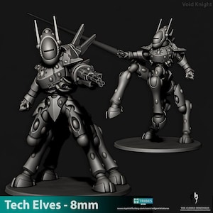 May include: Two gray Tech Elves miniatures, each posed dynamically. One figure is in a combat stance, while the other is aiming a weapon. The text "Tech Elves - 8mm" is at the bottom. The figures are on a dark surface.