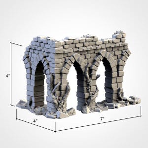 May include: A grey miniature stone archway, 10 cm high, 10 cm wide, and 18 cm long. The structure features three arched openings and is detailed with a weathered, aged appearance, including simulated vines and broken stones.