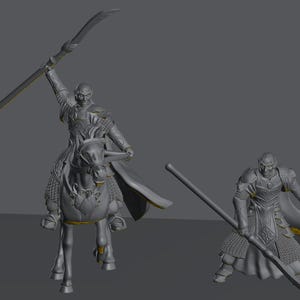 Peut inclure: Deux figurines de guerriers gris, l'une montée sur un cheval et l'autre debout. Les deux figurines sont vêtues d'une armure et manient de longues armes d'hast à lames courbes. La figurine montée lève l'arme.