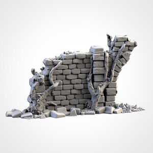 May include: A grey brick wall section, showing signs of age and decay, with a crumbling arch and climbing vines. The wall is partially ruined, with broken bricks at the base. The vines have a textured appearance, adding to the aged aesthetic.