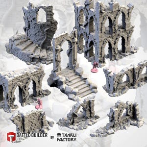 May include: A set of grey, ruined stone structures, including arches, staircases, and walls, designed for tabletop gaming. Some structures are adorned with vines. The Battle Builder Tech and Txarli Factory logos are visible.
