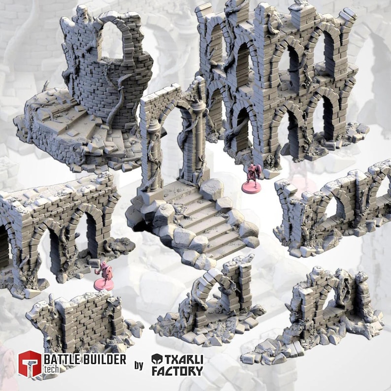 May include: A set of grey, ruined stone structures, including arches, staircases, and walls, designed for tabletop gaming. Some structures are adorned with vines. The Battle Builder Tech and Txarli Factory logos are visible.
