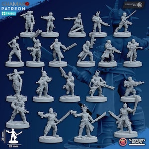 May include: A selection of grey miniature figurines, each representing a warrior in different action poses, holding weapons. The figurines are approximately 2.5 cm tall and 2.5 cm wide. The image includes the text "Supports Ready" and "Compatible".