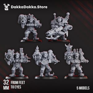 May include: Five grey Orc miniature figures, each with distinct armour and weaponry. The figures are approximately 3.2 cm tall from feet to eyes. The image includes the text "DakkaDakka.Store" and "5 MODELS".