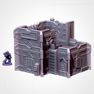 May include: A grey, futuristic structure with a rectangular shape. It features detailed paneling, rivets, and vents, suggesting a mechanical or industrial theme. The design includes a raised platform and a small chimney-like element.