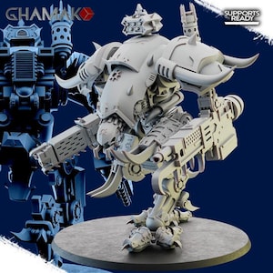 May include: A detailed, light gray model of a war machine with large horns, multiple weapons, and intricate mechanical details. The model is on a gray platform, with a darker blue background. The text "GHAMAKO" and "SUPPORTS READY" are visible.