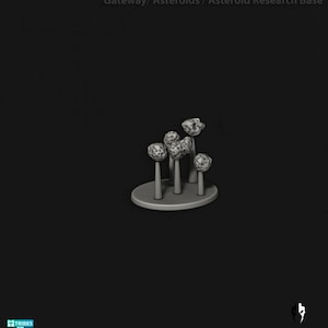 May include: A gray, 3D-printed model of a cluster of asteroids on a circular base. The asteroids have a textured surface and are supported by thin, vertical posts. The base is a light gray color, and the background is black.