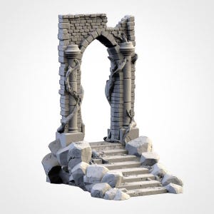 May include: A grey stone archway with two columns and a set of steps. The arch is partially damaged, with vines climbing the columns. The base features large rocks, creating a fantasy or historical theme.