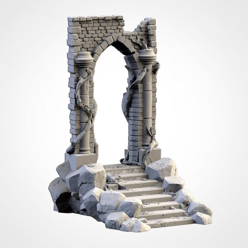 May include: A grey stone archway with two columns and a set of steps. The arch is partially damaged, with vines climbing the columns. The base features large rocks, creating a fantasy or historical theme.