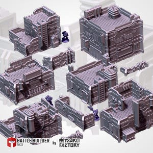 May include: A set of miniature grey, futuristic wall sections and two small purple figurines, possibly for a tabletop game. The walls feature detailed paneling and industrial designs. The figurines are posed with weapons.