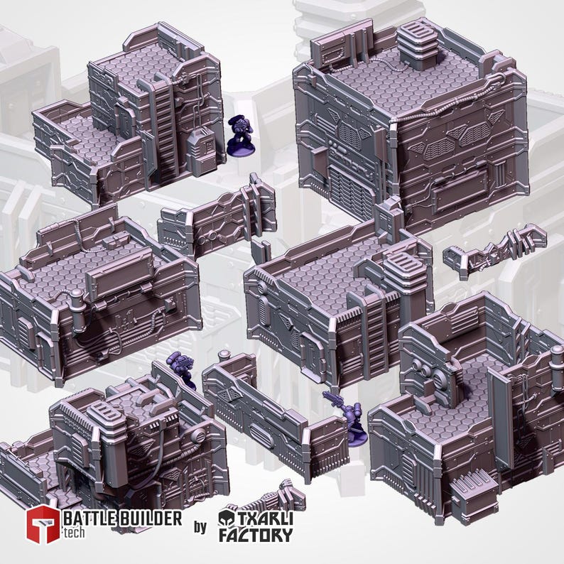 May include: A set of miniature grey, futuristic wall sections and two small purple figurines, possibly for a tabletop game. The walls feature detailed paneling and industrial designs. The figurines are posed with weapons.