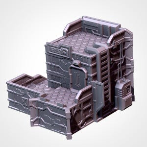 May include: A grey, futuristic building model with detailed paneling, pipes, and rivets. The model has a modular design, with multiple sections and a partially open top. The overall aesthetic suggests a science fiction or industrial theme.