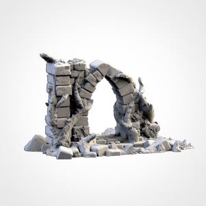 May include: A grey stone archway model, showing signs of age and decay. The arch is partially covered in vines and surrounded by broken stone, suggesting ancient ruins. The model is a miniature representation of a larger structure.