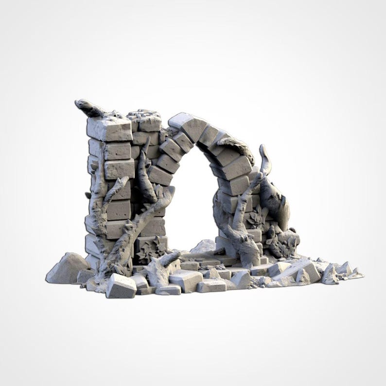 May include: A grey stone archway model, showing signs of age and decay. The arch is partially covered in vines and surrounded by broken stone, suggesting ancient ruins. The model is a miniature representation of a larger structure.
