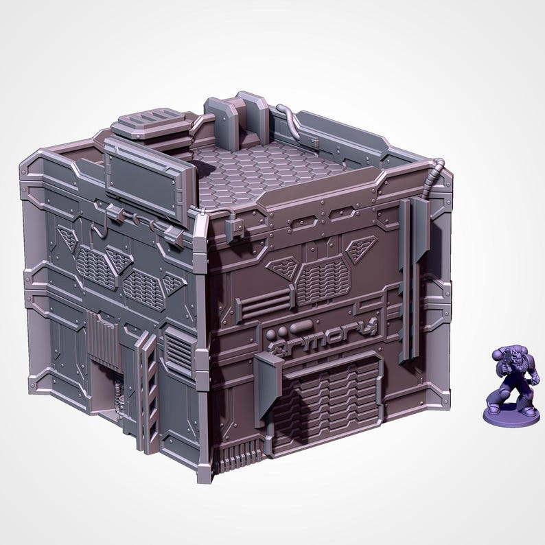 May include: A set of modular, futuristic building components in grey and purple, designed for tabletop gaming. The structures feature detailed panels, ladders, and hexagonal roof patterns. Includes miniature figures for scale. Logos for "Battle Builder tech" and "Txarli Factory" are visible.