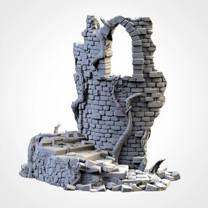 May include: A grey, weathered stone structure with an arched opening. The structure has a staircase and is partially covered in vines. The design suggests an ancient ruin or fantasy setting.