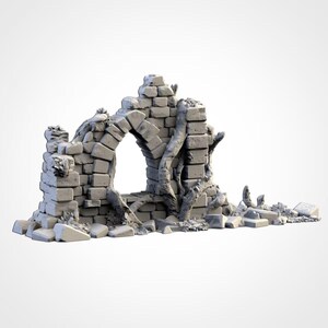 May include: A grey stone archway, constructed from rectangular blocks, showing signs of weathering and age. Tree roots and vines partially obscure the arch, giving the impression of an old, abandoned building. The background is plain white.
