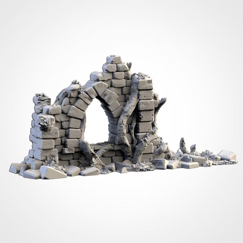 May include: A grey stone archway, constructed from rectangular blocks, showing signs of weathering and age. Tree roots and vines partially obscure the arch, giving the impression of an old, abandoned building. The background is plain white.