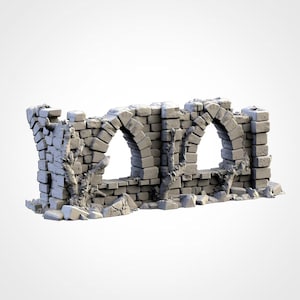 May include: A distressed grey stone wall section featuring three arched openings. The structure has a weathered appearance, with cracks and a rough texture. Vines and debris enhance the aged look. Suitable for miniature gaming or model building.
