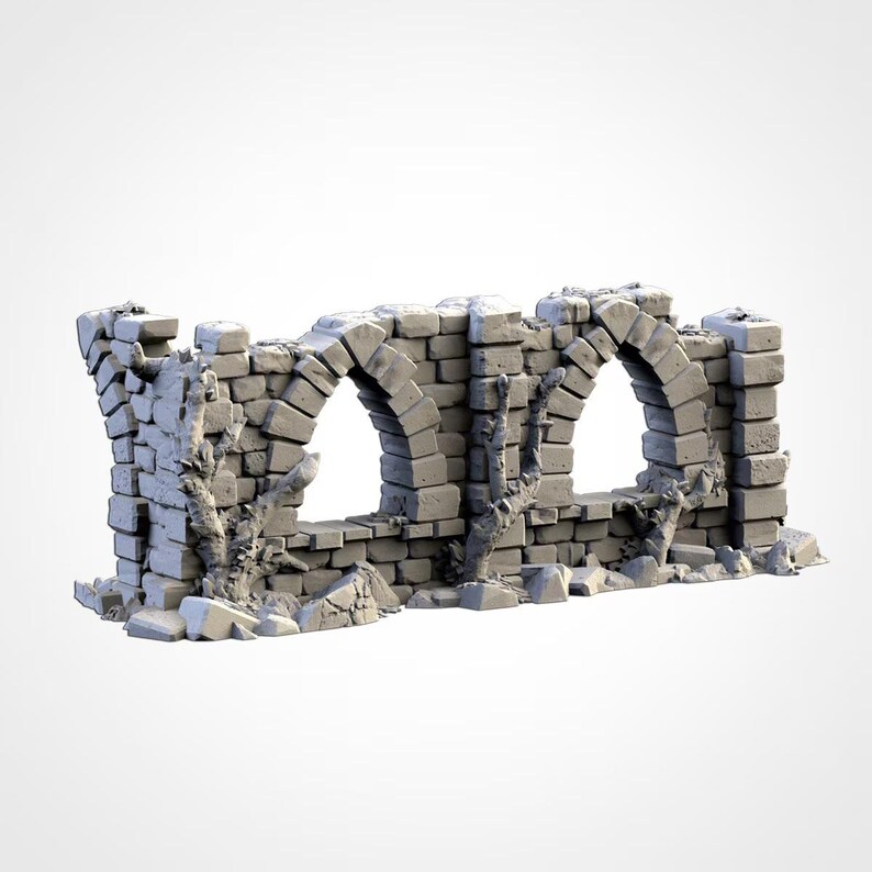 May include: A distressed grey stone wall section featuring three arched openings. The structure has a weathered appearance, with cracks and a rough texture. Vines and debris enhance the aged look. Suitable for miniature gaming or model building.