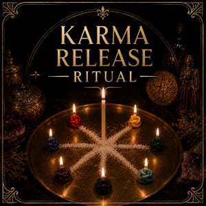 May include: A golden tray holds a Karma Release Ritual. The image features a central, tall candle surrounded by six smaller, colorful knot-shaped candles. The text "KARMA RELEASE RITUAL" is displayed in gold.