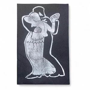 May include: A black and white print of a couple dancing. The figures are depicted in a stylized, vintage style, with the woman in a long dress and the man in a suit. The print is on a rectangular canvas.