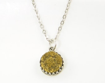 Small Gold Druzy Necklace, Silver Gold Druzy Pendant, Gold Drusy Simple Genuine Gemstone Jewelry |NC1-6