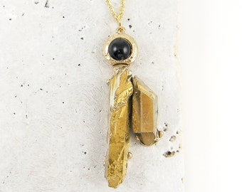 Gold Druzy Necklace, Black Gold Necklace with Black Bead on Gold Chain Faux Crystal Gemstone Point Pendant |GN1-8