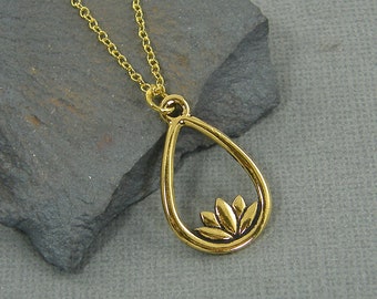 Lotus Necklace Gold, lotus flower teardrop pendant, yoga necklace blooming flower Yoga yogi's jewelry, simple Ohm Spiritual Necklace |NC2-2