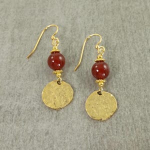 Carnelian Bead Earrings with Hammered Gold Circles - Elegant Boho Jewelry |EC10-26