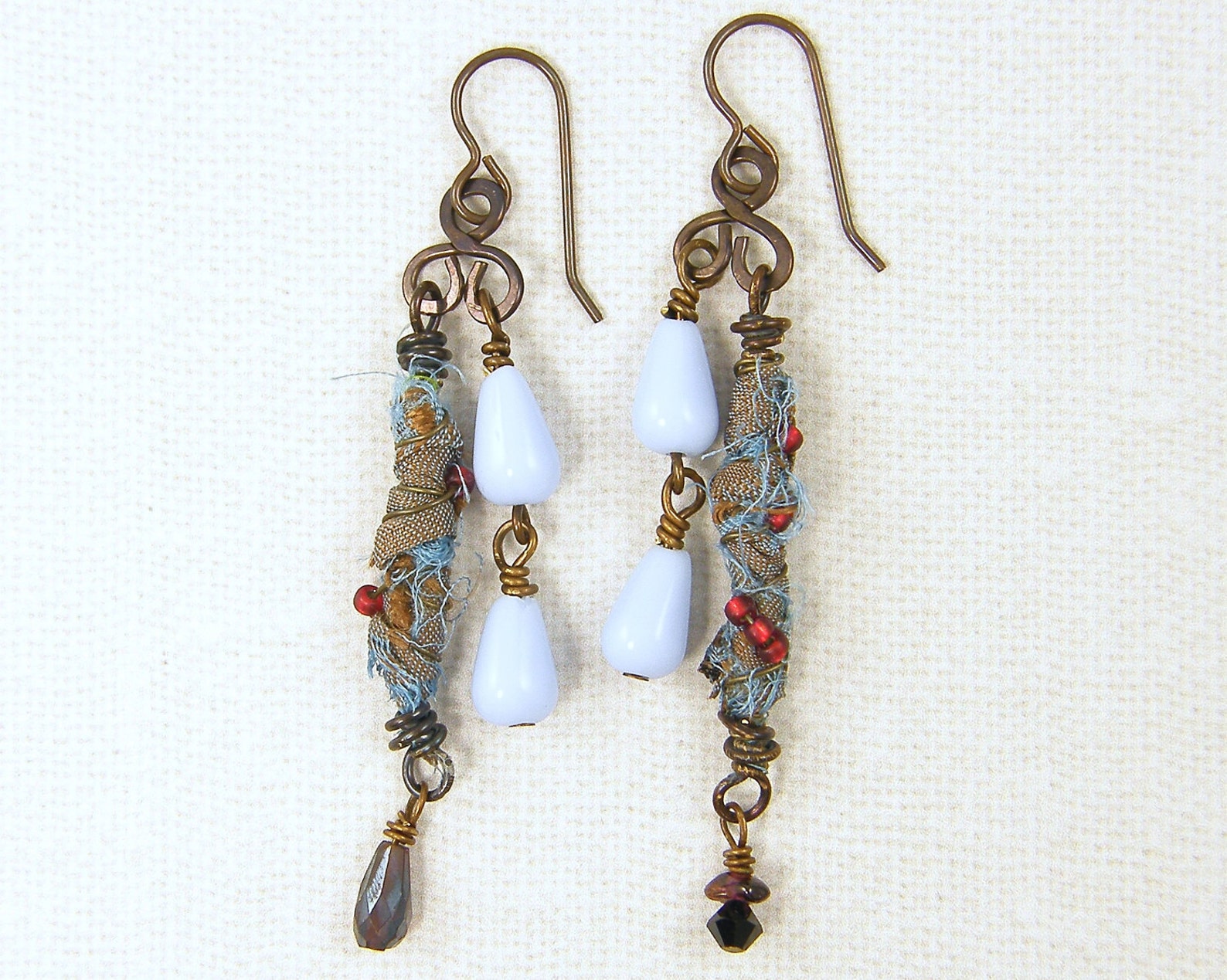 Boho Long Dangle Earrings Light Blue Sari Silk Rustic Wire Etsy
